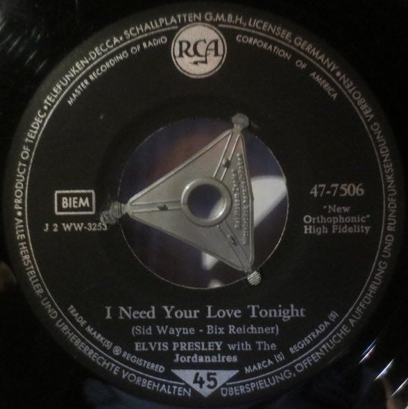 Elvis Presley With The Jordanaires : (Now And Then There's) A Fool Such As I / I Need Your Love Tonight (7", Single)