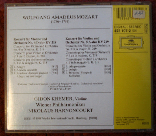 Wolfgang Amadeus Mozart - Gidon Kremer, Wiener Philharmoniker, Nikolaus Harnoncourt : Violinkonzerte Nos. 4 & 5 (CD, Album)