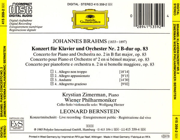 Johannes Brahms • Krystian Zimerman • Wiener Philharmoniker • Leonard Bernstein : Klavierkonzert No. 2 (CD)