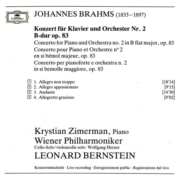Johannes Brahms • Krystian Zimerman • Wiener Philharmoniker • Leonard Bernstein : Klavierkonzert No. 2 (CD)