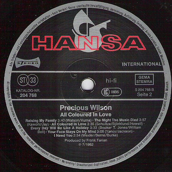 Precious Wilson : All Coloured In Love (LP, Album)