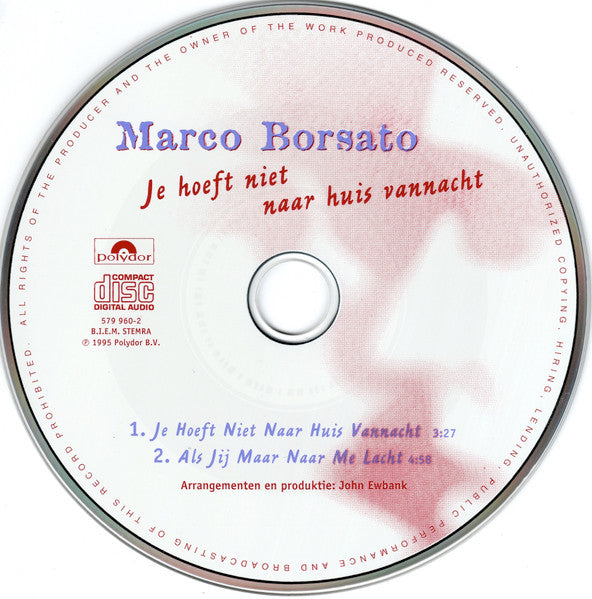 Marco Borsato : Je Hoeft Niet Naar Huis Vannacht (CD, Single, Car)