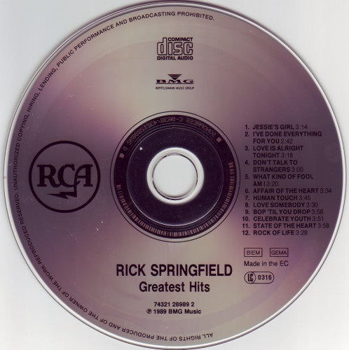 Rick Springfield : Rick Springfield's Greatest Hits (CD, Comp, RE)
