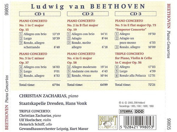 Ludwig van Beethoven, Christian Zacharias, Staatskapelle Dresden, Hans Vonk : Piano Concertos - Triple Concerto (3xCD, Album + Box)
