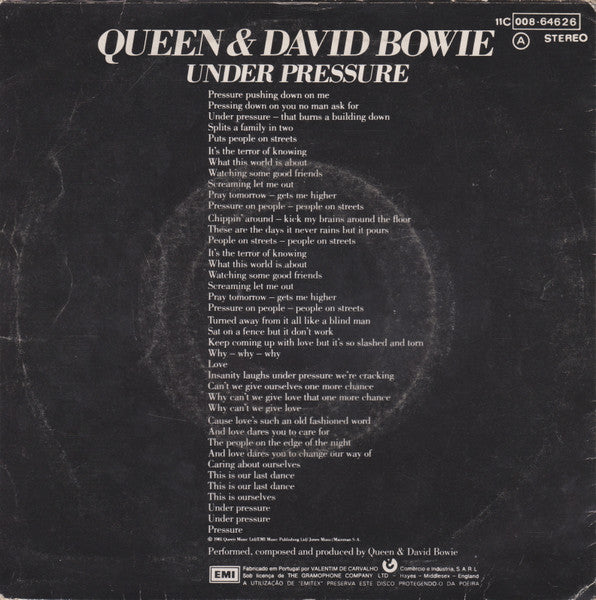 Queen & David Bowie : Under Pressure (7", Single)