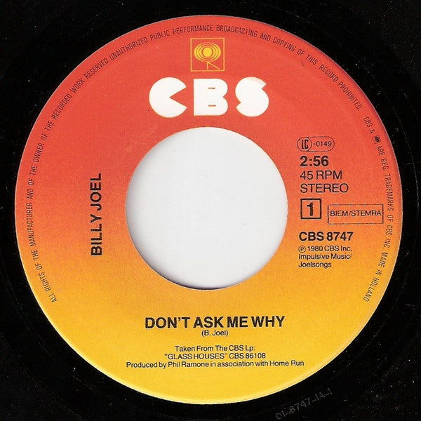 Billy Joel : Don't Ask Me Why (7", Single)