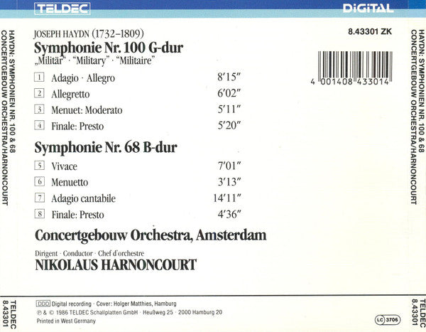 Joseph Haydn, Concertgebouworkest, Nikolaus Harnoncourt : Symphonien NR. 100 G-DUR "Militär" = "Military" & Nr. 68 B-Dur (CD, Album)