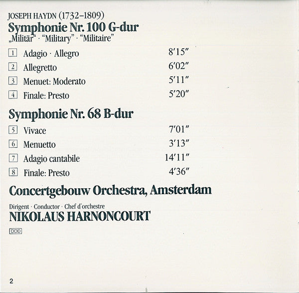 Joseph Haydn, Concertgebouworkest, Nikolaus Harnoncourt : Symphonien NR. 100 G-DUR "Militär" = "Military" & Nr. 68 B-Dur (CD, Album)