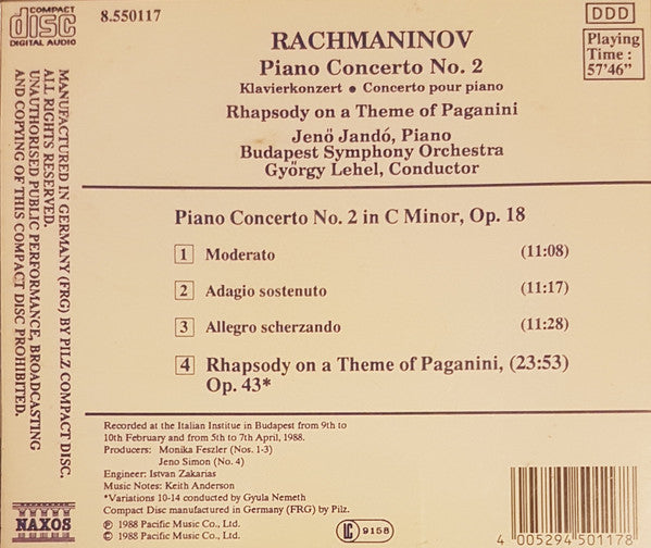 Sergei Vasilyevich Rachmaninoff - Jenö Jandó - Budapest Symphony Orchestra - György Lehel : Piano Concerto No. 2 • Rhapsody On A Theme Of Paganini (CD, Album)
