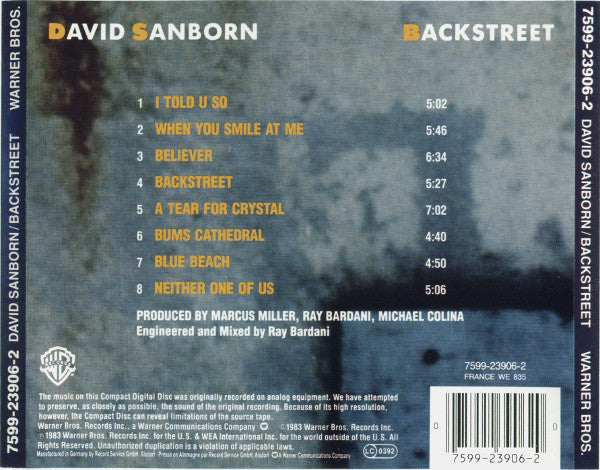 David Sanborn : Backstreet (CD, Album)