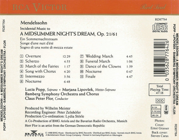 Felix Mendelssohn-Bartholdy – Claus Peter Flor, Lucia Popp, Marjana Lipovšek, Bamberger Symphoniker : Incidental Music To A Midsummer Night’s Dream (CD, Album)