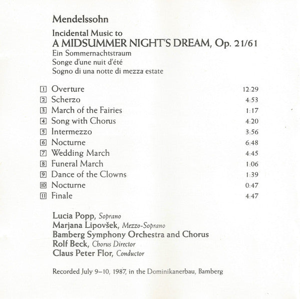 Felix Mendelssohn-Bartholdy – Claus Peter Flor, Lucia Popp, Marjana Lipovšek, Bamberger Symphoniker : Incidental Music To A Midsummer Night’s Dream (CD, Album)