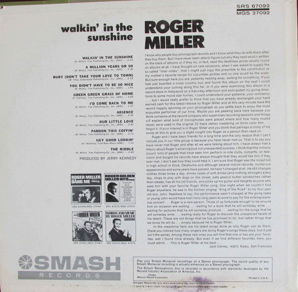 Roger Miller : Walkin' In The Sunshine (LP, Album, Mono, Mer)