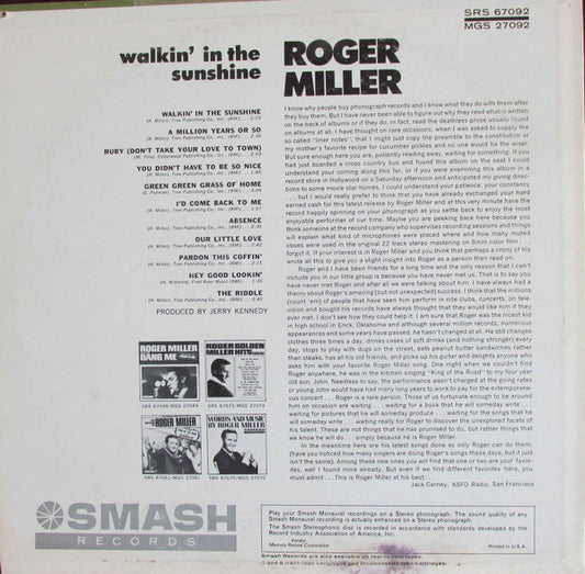 Roger Miller : Walkin' In The Sunshine (LP, Album, Mono, Mer)