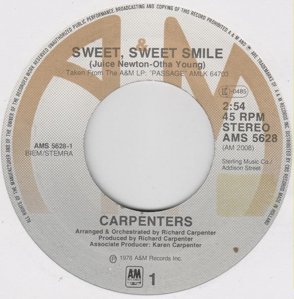 Carpenters : Sweet, Sweet, Smile (7", Single)