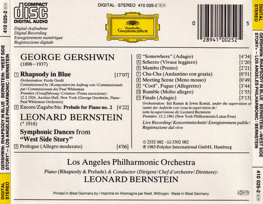 George Gershwin • Leonard Bernstein - Los Angeles Philharmonic Orchestra, Leonard Bernstein : Rhapsody In Blue · West Side Story: Symphonic Dances (CD, Album)