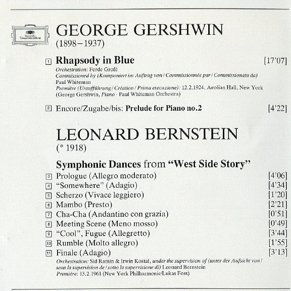 George Gershwin • Leonard Bernstein - Los Angeles Philharmonic Orchestra, Leonard Bernstein : Rhapsody In Blue · West Side Story: Symphonic Dances (CD, Album)