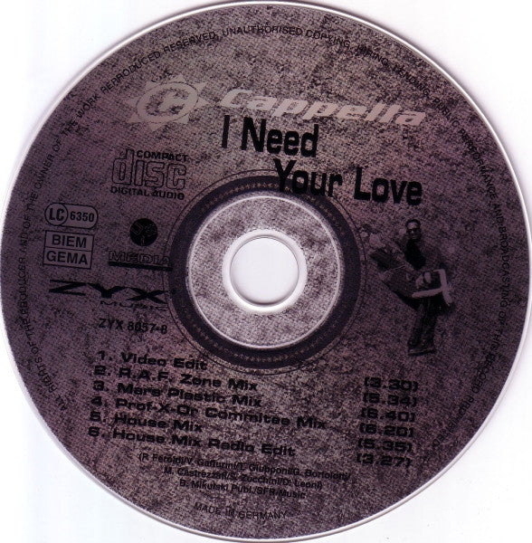 Cappella : I Need Your Love (CD, Maxi)