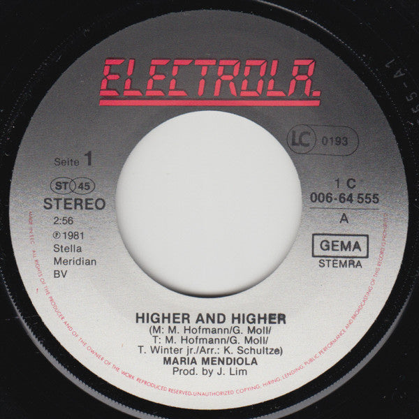 María Mendiola : Higher And Higher (7", Single)