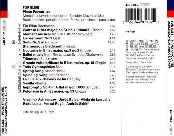 Vladimir Ashkenazy, Jorge Bolet, Alicia De Larrocha, Radu Lupu, Pascal Rogé, András Schiff : Für Elise (Piano Favourites = Beliebte Klavierstücke) (CD, Comp, RE)