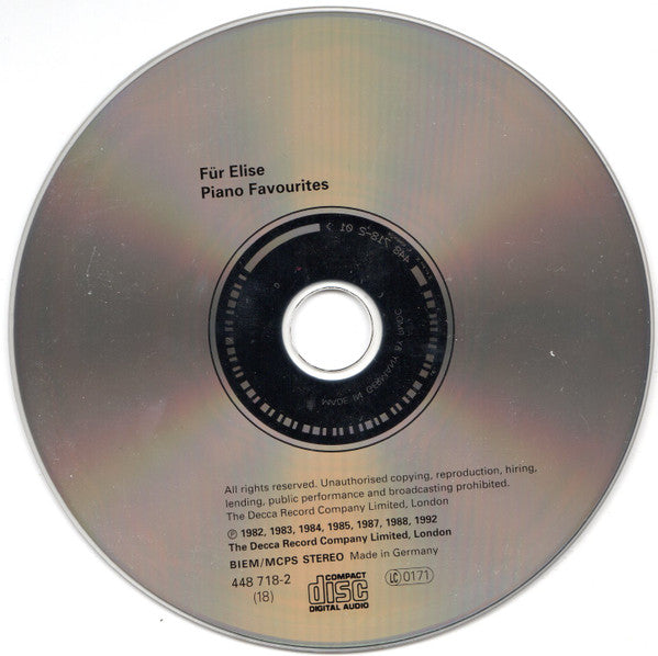 Vladimir Ashkenazy, Jorge Bolet, Alicia De Larrocha, Radu Lupu, Pascal Rogé, András Schiff : Für Elise (Piano Favourites = Beliebte Klavierstücke) (CD, Comp, RE)