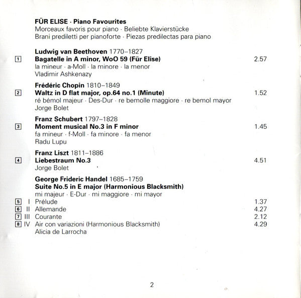 Vladimir Ashkenazy, Jorge Bolet, Alicia De Larrocha, Radu Lupu, Pascal Rogé, András Schiff : Für Elise (Piano Favourites = Beliebte Klavierstücke) (CD, Comp, RE)