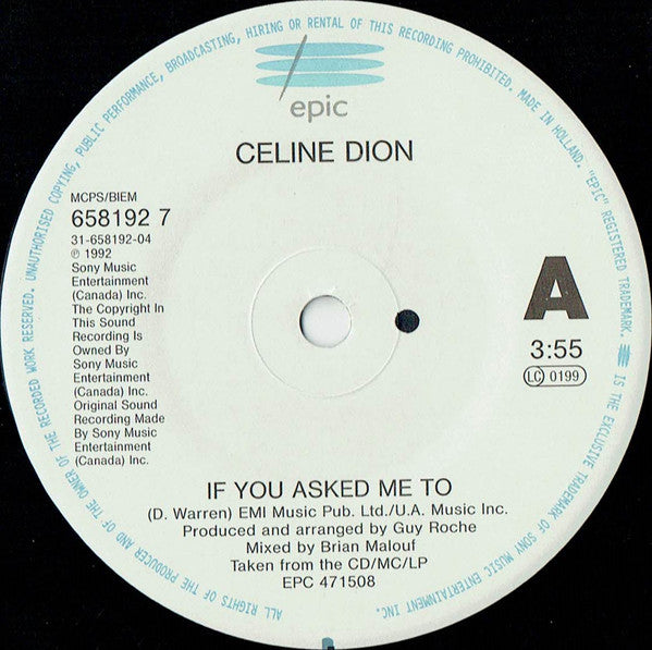 Céline Dion : If You Asked Me To (7", Single)
