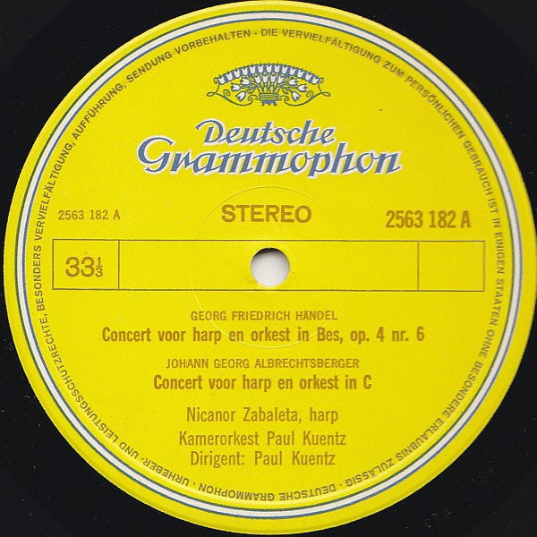 Georg Friedrich Händel, Johann Georg Albrechtsberger, Carl Ditters Von Dittersdorf - Nicanor Zabaleta, Orchestre De Chambre Paul Kuentz : Virtuoze Harpconcerten (LP)