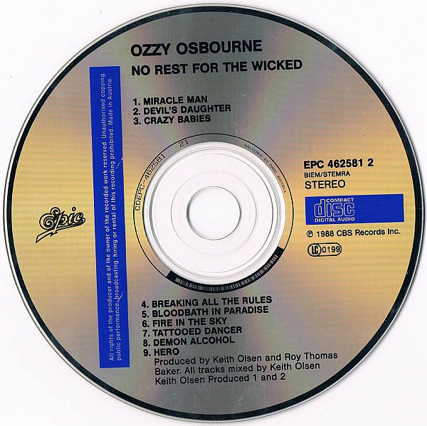 Ozzy Osbourne : No Rest For The Wicked (CD, Album)