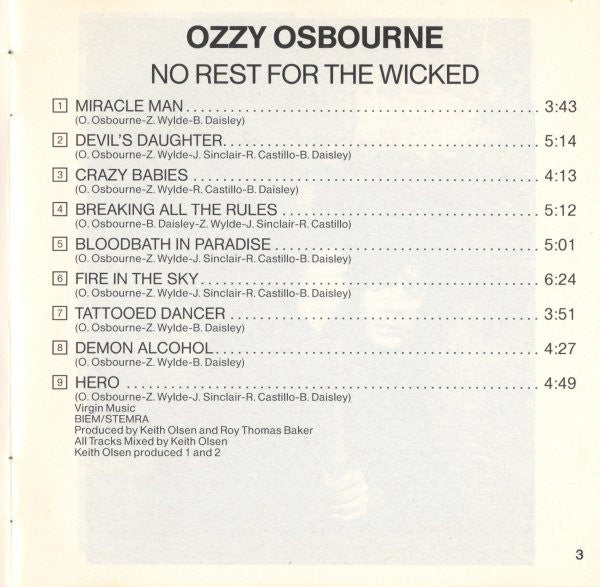 Ozzy Osbourne : No Rest For The Wicked (CD, Album)