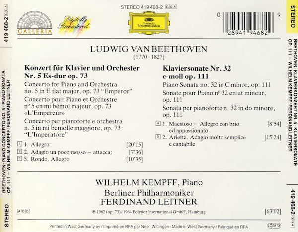 Ludwig Van Beethoven, Wilhelm Kempff, Berliner Philharmoniker, Ferdinand Leitner : Klavierkonzert Nr. 5 • Klaviersonate Op. 111 (CD, Comp, RM)