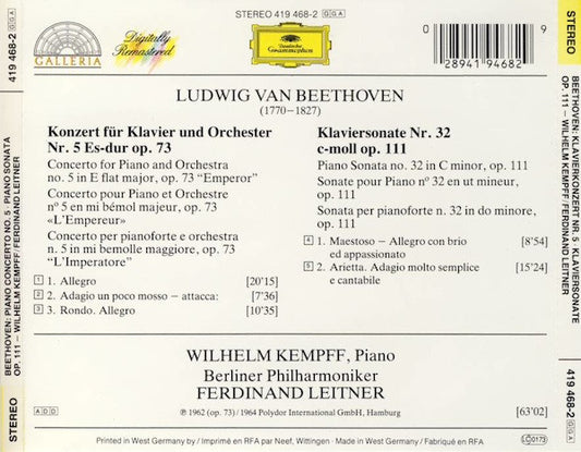 Ludwig Van Beethoven, Wilhelm Kempff, Berliner Philharmoniker, Ferdinand Leitner : Klavierkonzert Nr. 5 • Klaviersonate Op. 111 (CD, Comp, RM)