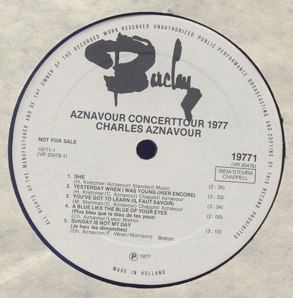 Charles Aznavour Presentatie Lou Van Rees : Concerttournée 1977 (Amsterdam, Den Haag, Rotterdam) (LP, Comp, Promo)