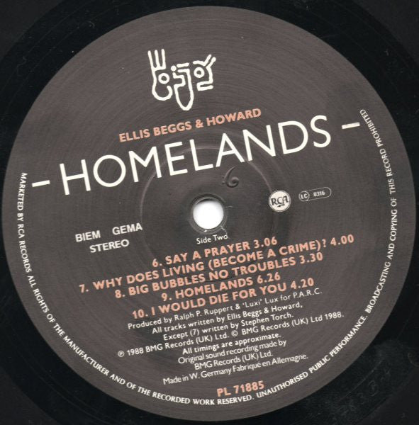 Ellis, Beggs & Howard : Homelands (LP, Album)