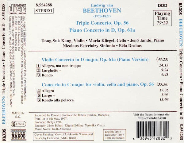 Ludwig Van Beethoven, Dong-Suk Kang • Maria Kliegel • Jenö Jandó • Nicolaus Esterházy Sinfonia, Bela Drahos : Triple Concerto • Piano Concerto In D Major, Op. 61a (CD, Album)