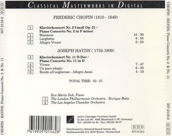 Frédéric Chopin - Joseph Haydn, Eva Maria Zuk, London Philharmonic Orchestra, Enrique Batiz, The Los Angeles Chamber Orchestra : Piano Concerti No. 2 & No. 11 (CD, Album)