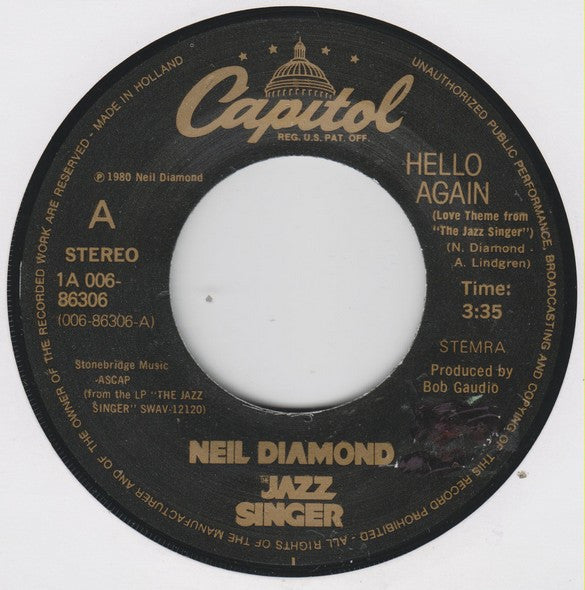 Neil Diamond : Hello Again (Love Theme From "The Jazz Singer") (7", Single)