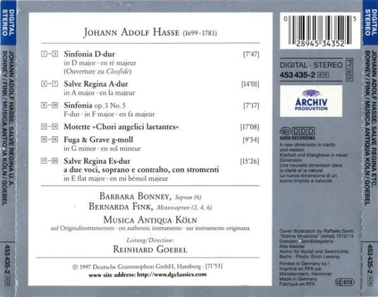 Johann Adolf Hasse : Barbara Bonney, Bernarda Fink, Musica Antiqua Köln / Reinhard Goebel : Salve Regina (CD)
