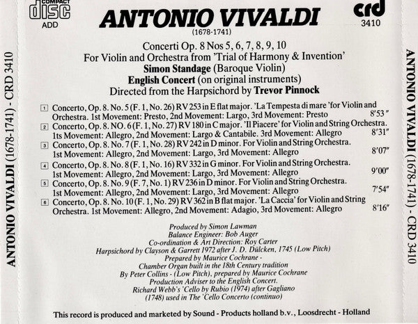 Antonio Vivaldi - Simon Standage, Stephen Preston, Anthony Pleeth, The English Concert, Trevor Pinnock : Violin Concertos Opus 8, Nos 5, 6, 7, 8, 9, 10 (CD)