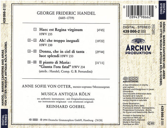Georg Friedrich Händel - Anne Sofie Von Otter · Musica Antiqua Köln · Reinhard Goebel : Marian Cantatas & Arias (CD, Album)