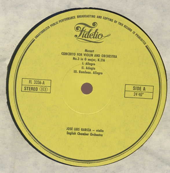 Wolfgang Amadeus Mozart, José-Luis Garcia, English Chamber Orchestra : Violin Concertos K.216 & 219 (LP, Album)