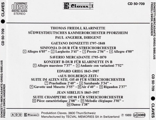 Gaetano Donizetti, Giuseppe Saverio Mercadante, Edvard Grieg, Jean Sibelius, Thomas Friedli, Paul Angerer, Südwestdeutsches Kammerorchester : Sinfonia / Klarinettenkonzert / Aus Holbergs Zeit /Suite Champetre (CD, Comp)