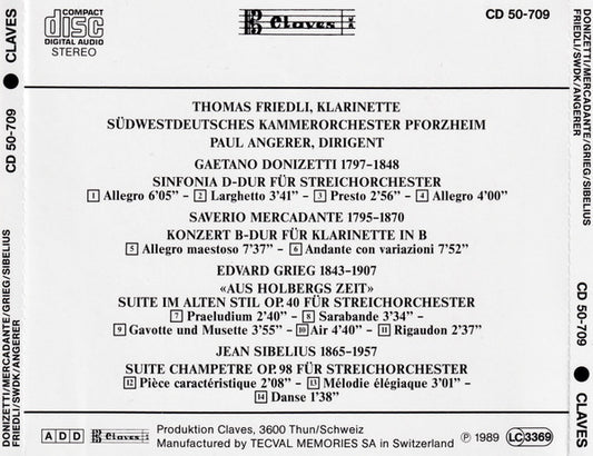 Gaetano Donizetti, Giuseppe Saverio Mercadante, Edvard Grieg, Jean Sibelius, Thomas Friedli, Paul Angerer, Südwestdeutsches Kammerorchester : Sinfonia / Klarinettenkonzert / Aus Holbergs Zeit /Suite Champetre (CD, Comp)