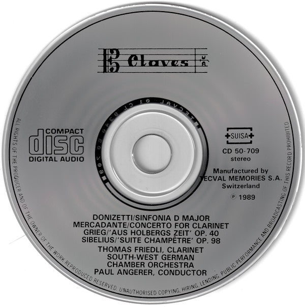 Gaetano Donizetti, Giuseppe Saverio Mercadante, Edvard Grieg, Jean Sibelius, Thomas Friedli, Paul Angerer, Südwestdeutsches Kammerorchester : Sinfonia / Klarinettenkonzert / Aus Holbergs Zeit /Suite Champetre (CD, Comp)