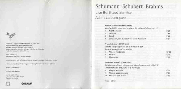 Robert Schumann, Franz Schubert, Johannes Brahms, Lise Berthaud & Adam Laloum : Schumann, Schubert, Brahms (CD, Album)