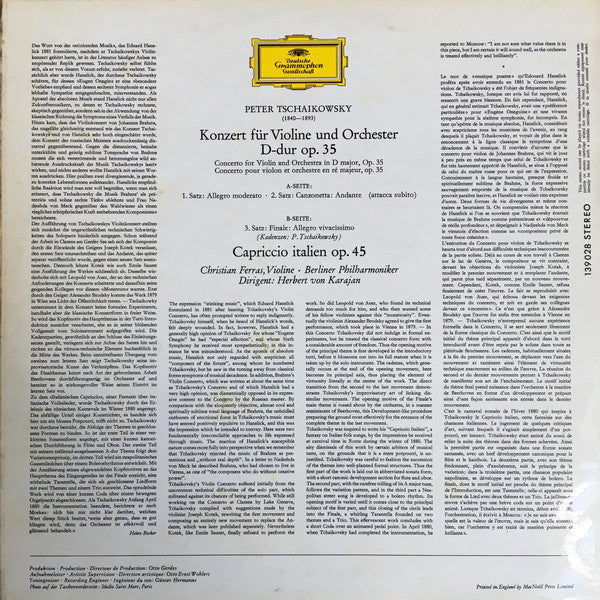 Pyotr Ilyich Tchaikovsky - Christian Ferras · Herbert von Karajan · Berliner Philharmoniker : Violin Concerto / Capriccio Italien (LP)