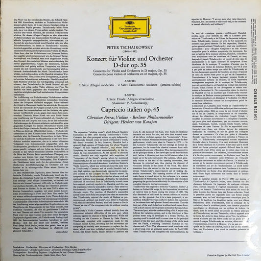 Pyotr Ilyich Tchaikovsky - Christian Ferras · Herbert von Karajan · Berliner Philharmoniker : Violin Concerto / Capriccio Italien (LP)