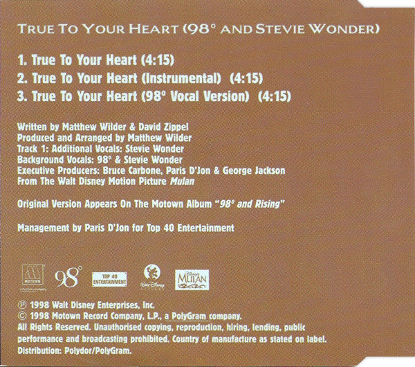 98 Degrees And Stevie Wonder : True To Your Heart (CD, Maxi)