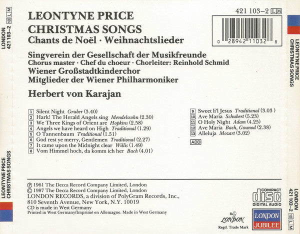 Leontyne Price, Herbert von Karajan, Wiener Philharmoniker : Christmas Songs = Chants de Noël = Weihnachtslieder (CD, Album, RE)