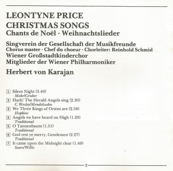Leontyne Price, Herbert von Karajan, Wiener Philharmoniker : Christmas Songs = Chants de Noël = Weihnachtslieder (CD, Album, RE)
